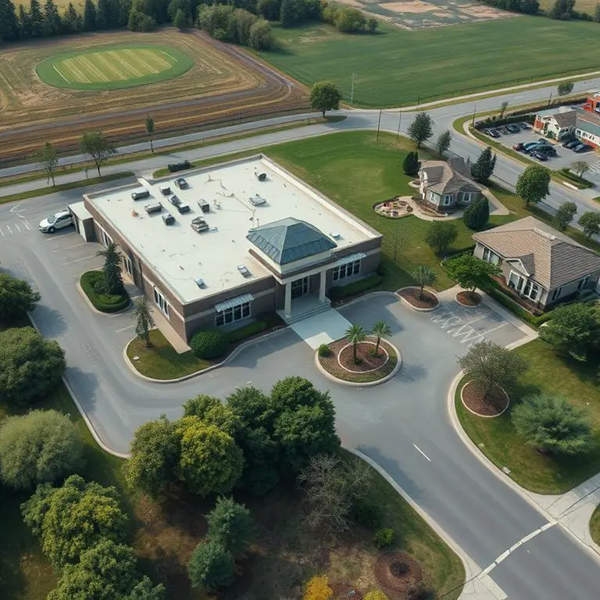 Aerial view of commercial property complex with landscaping and parking areas