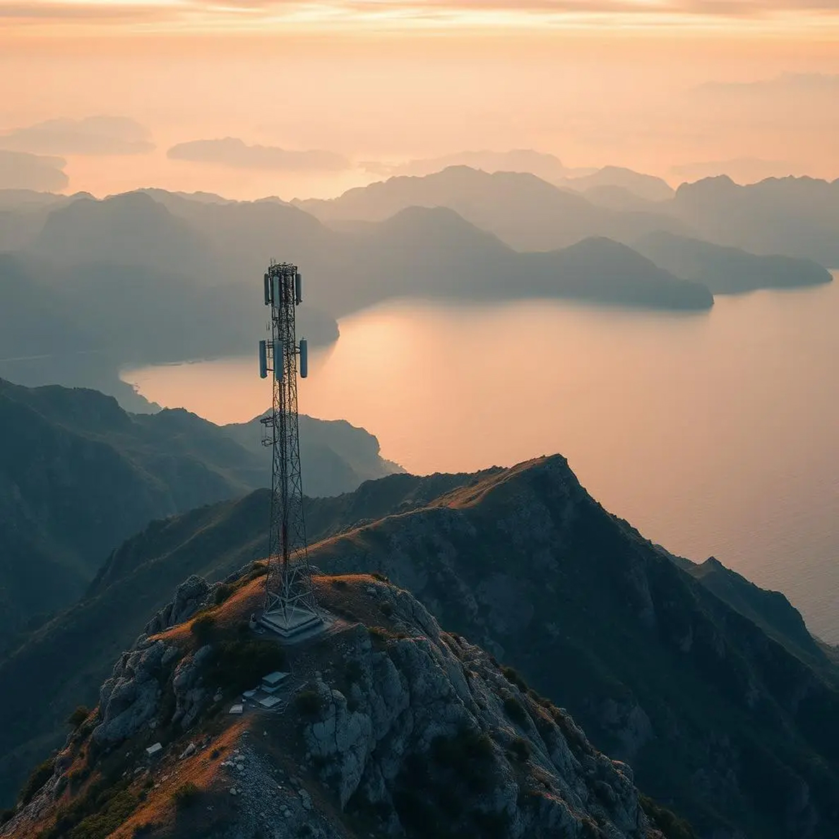 Telecommunications tower on mountain peak at sunset overlooking a scenic lake